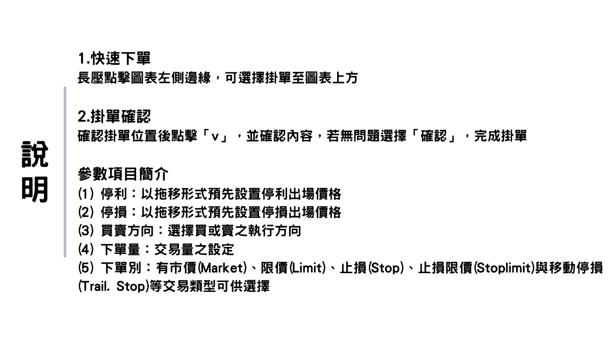 —說明— Vu8420 1. 快速下單 長壓點擊圖表左側邊緣，可選擇掛單至圖表上方。 2. 掛單確認 確認掛單位置後點擊 「 v 」 ，並確認內容，若無問題選擇 「確認」，完成掛單。 參數項目簡介 (1) 停利：以拖移形式預先設置停利出場價格。 (2) 停損：以拖移形式預先設置停損出場價格。 (3) 買賣方向：選擇買或賣之執行方向。 (4) 下單量：交易量之設定。 (5) 下單別：有市價(Market)、 限價(Limit)、 止損(Stop) 、 止 1. 快速下單 損限價(Stoplimit)與移動停損(Trail. Stop) 等交易類型可供選擇。