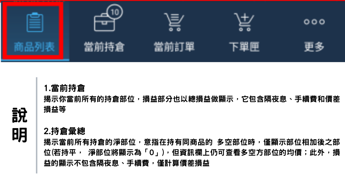 —說明— 1. 當前持倉 揭示你當前所有的持倉部位，損益部分也以總損益 做顯示，它包含隔夜息、手續費和價差損益等。 2. 持倉彙總 揭示當前所有持倉的淨部位，意指在持有同商品的 多空部位時，僅顯示部位相加後之部位(若持平， 淨部位將顯示為「0」)，但資訊欄上仍可查看多空 方部位的均價；此外，損益的顯示不包含隔夜息、 手續費，僅計算價差損益。