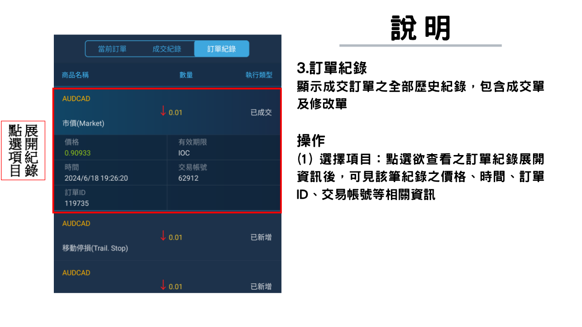 點選項目展開紀錄、—說明— 3. 訂單紀錄 顯示成交訂單之全部歷史紀錄，包含成交單及修改單。 操作 (1)選擇項目：點選欲查看之訂單紀錄展開資訊後，可見 該筆紀錄之價格、時間、訂單ID、交易帳號等相關資訊。